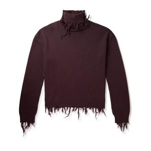 Vetements Oversized Raw edge wool knit sweater turtleneck fringed Burgundy XS